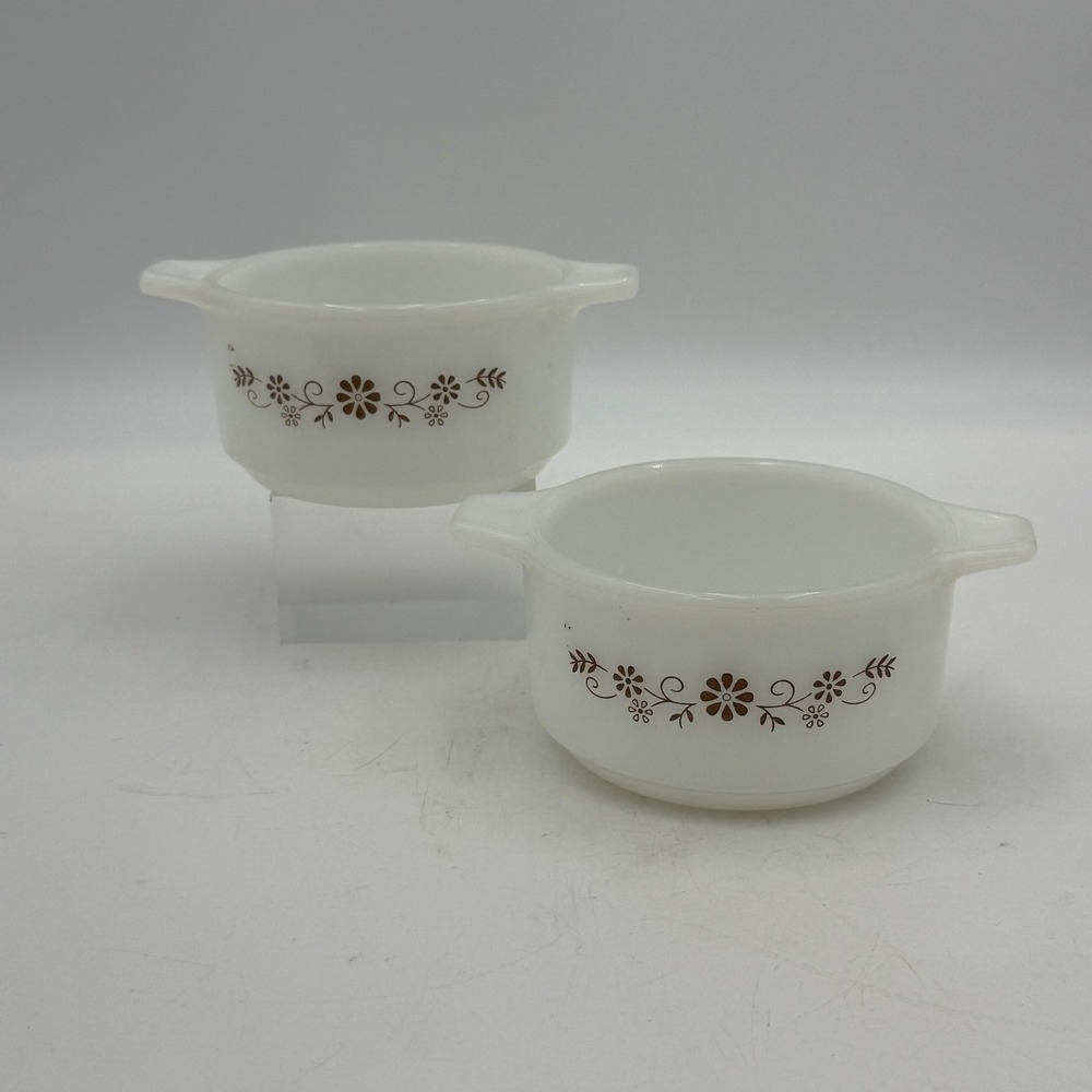 Vintage Pyrex Old Town Blue Brown Floral Milk Glass Ramekins Set of 2 10oz